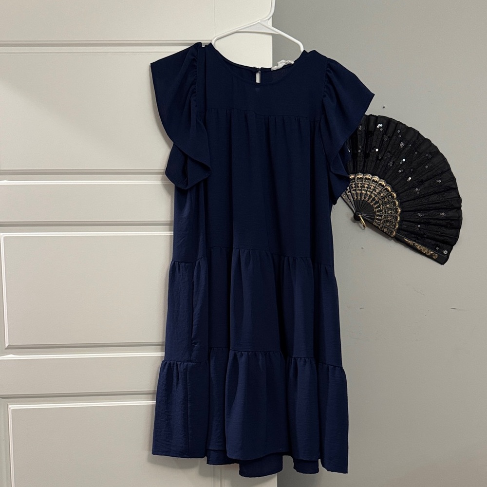 Navy Blue Ruffle Sleeve Kids Dress
